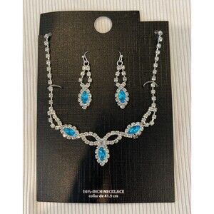 18” Silver Tone Necklace w/ extender & earrings. Clear &  Turquoise Rhinestones